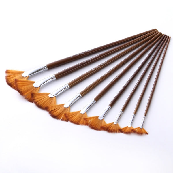 ZHU TING 9 PCS / Set Wooden Pole Fan-Shaped Nylon Hair Paintbrush Gouache Watercolor Acrylic Oil Painting Fishtail, Watercolor Oil Painting