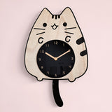 Wooden Cartoon Clocks Home Decoration Living Room Cat Wagging Tail Swinging Wall Clock, Cat Wagging Tail Wooden Clock