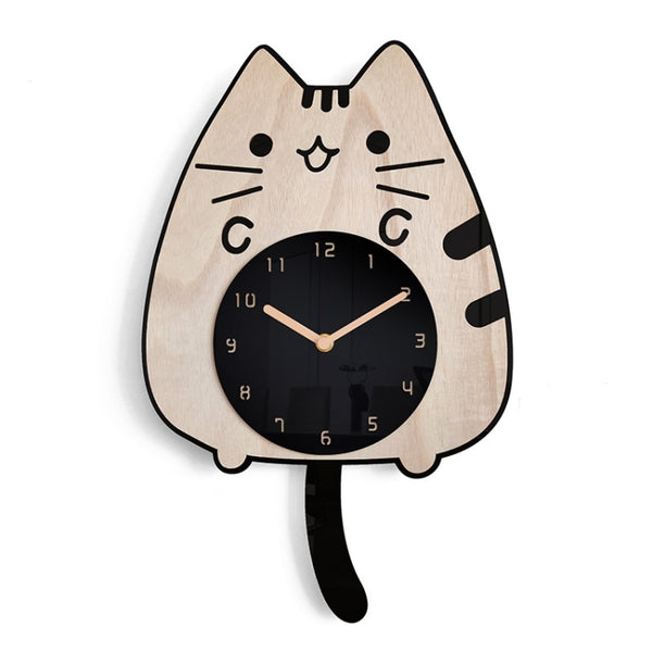 Wooden Cartoon Clocks Home Decoration Living Room Cat Wagging Tail Swinging Wall Clock, Cat Wagging Tail Wooden Clock