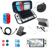 Game Console Crystal Shell Remote Sensing Cap Tempered Film Storage Bag Set For Switch OLED Console, Storage Bag+Crystal Case+Rocker Capx6+Tempered Film, White Storage Bag 14 In 1(Hand Rope), White Storage Bag 16 In 1