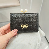 Ruched Textured Bow Pearl Clip Tri-Fold Short Wallet