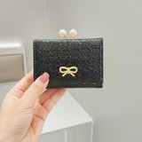 Ruched Textured Bow Pearl Clip Tri-Fold Short Wallet