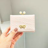 Ruched Textured Bow Pearl Clip Tri-Fold Short Wallet