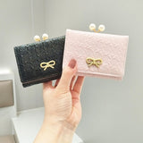 Ruched Textured Bow Pearl Clip Tri-Fold Short Wallet