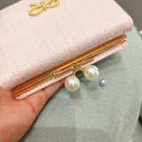 Ruched Textured Bow Pearl Clip Tri-Fold Short Wallet