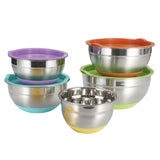 With Colorful Silicone Bottom & Lid Salad Bowl Stainless Steel Thickened Basin, 18cm, 20cm, 22cm, 24cm, 26cm, 28cm, 30cm