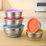 With Colorful Silicone Bottom & Lid Salad Bowl Stainless Steel Thickened Basin, 18cm, 20cm, 22cm, 24cm, 26cm, 28cm, 30cm