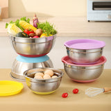 With Colorful Silicone Bottom & Lid Salad Bowl Stainless Steel Thickened Basin, 18cm, 20cm, 22cm, 24cm, 26cm, 28cm, 30cm