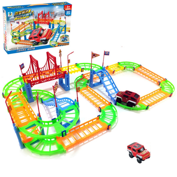 Rail Car Toy Set Assembled Electric Rail Toys, With a Racing Car, With a Train, With a Fire Truck), With a Bus