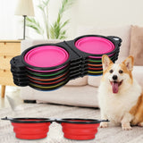 Pet Dog Folding Bowl Silicone Portable All-in-One Outdoor Double Bowl, Red, Orange, Pink