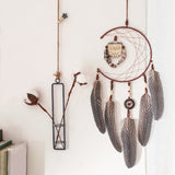 Simple Owl Wind Chime Dream Catcher Natural Feather Wall Hanging Home Interior, XR141