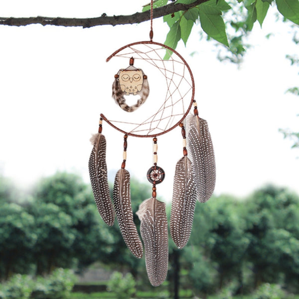 Simple Owl Wind Chime Dream Catcher Natural Feather Wall Hanging Home Interior, XR141